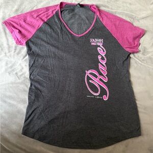 Women's Gray Pink Large Faith Family Car Drag Race T-shirt new no tags